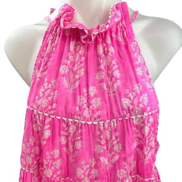 Juliet Dunn Pink Floral Sleeveless Halter Ruffle Tiered Swing Mini Sun Dress 2 - Picture 7 of 10